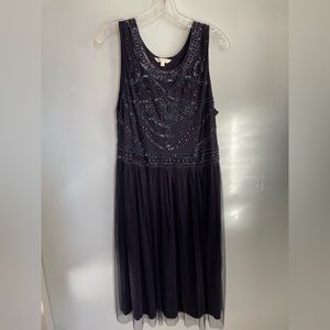 Geode no sleeve midi navy blue dress! Babydoll cut. Hand embroidered beading